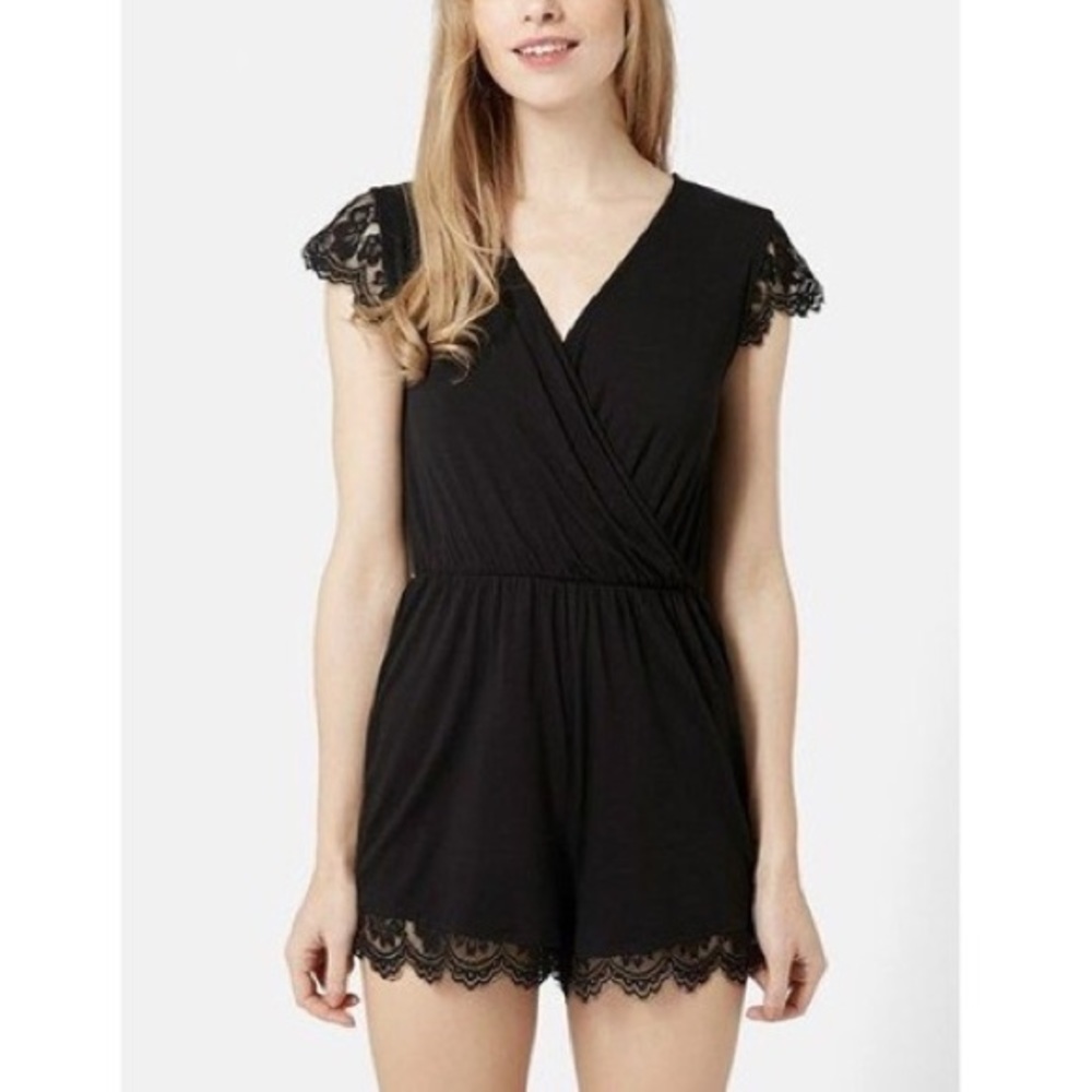 Topshop black short sleeve romper with lace trim